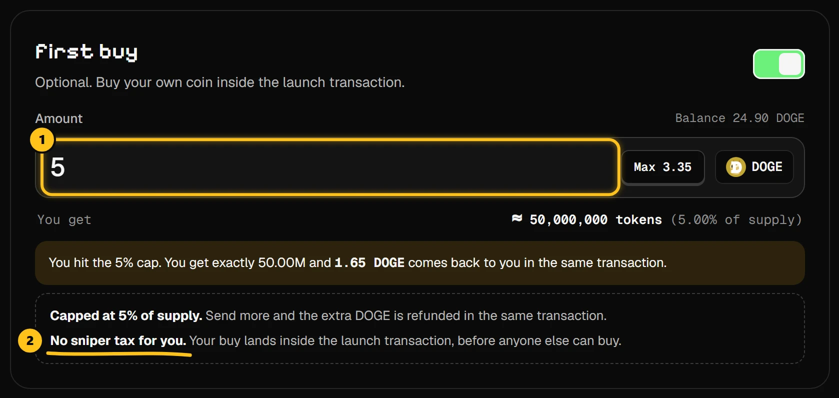 The first buy section with 5 DOGE entered
