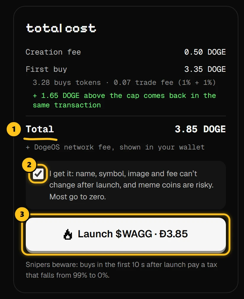 The total cost card with the launch button