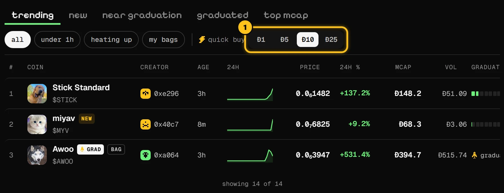 The quick buy amounts above the coin list